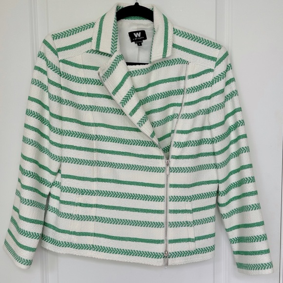 W By Worth Rare Jacquard Grass Green White Striped Moto Jacket Blazer Size 8 N… - Picture 2 of 5